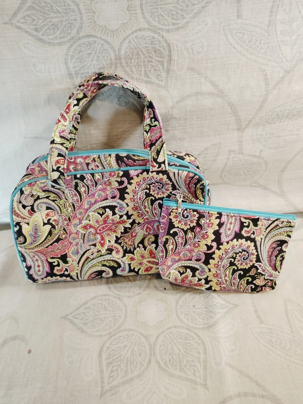 2pc Paisley Print Cosmetic Bag Set - Black with Pink & Turquoise